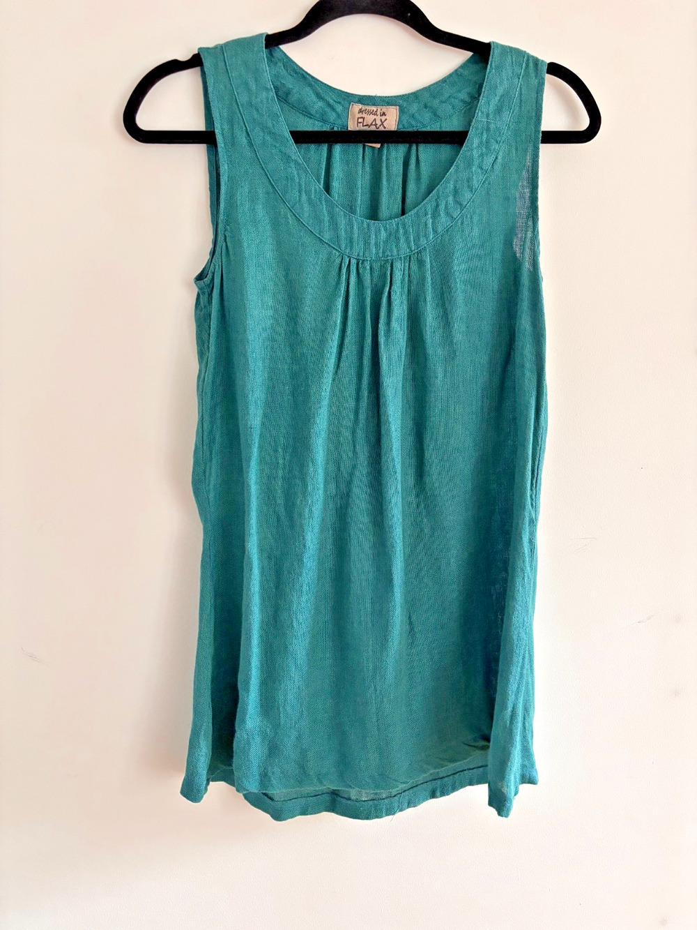 Flax Linen Tunic Dress Womens Petite S/M Teal Sleeveless Scoop Neck Lagenlook